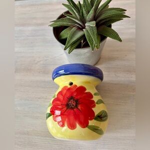 Yellow & Red Ceramic Oil Burner with Floral Pattern.